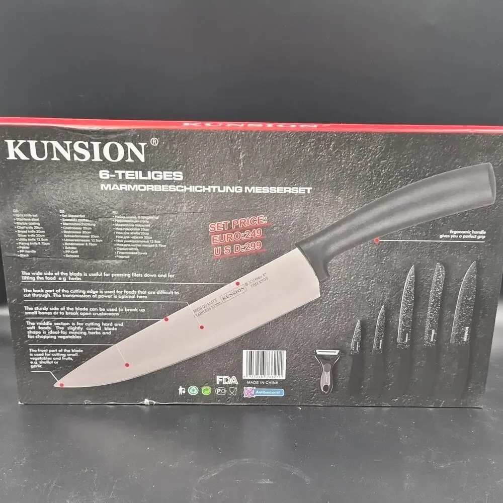 KUNSION 6-Piece Knife Set Chef, Bread, Utility, Paring, Peeler Black Steel